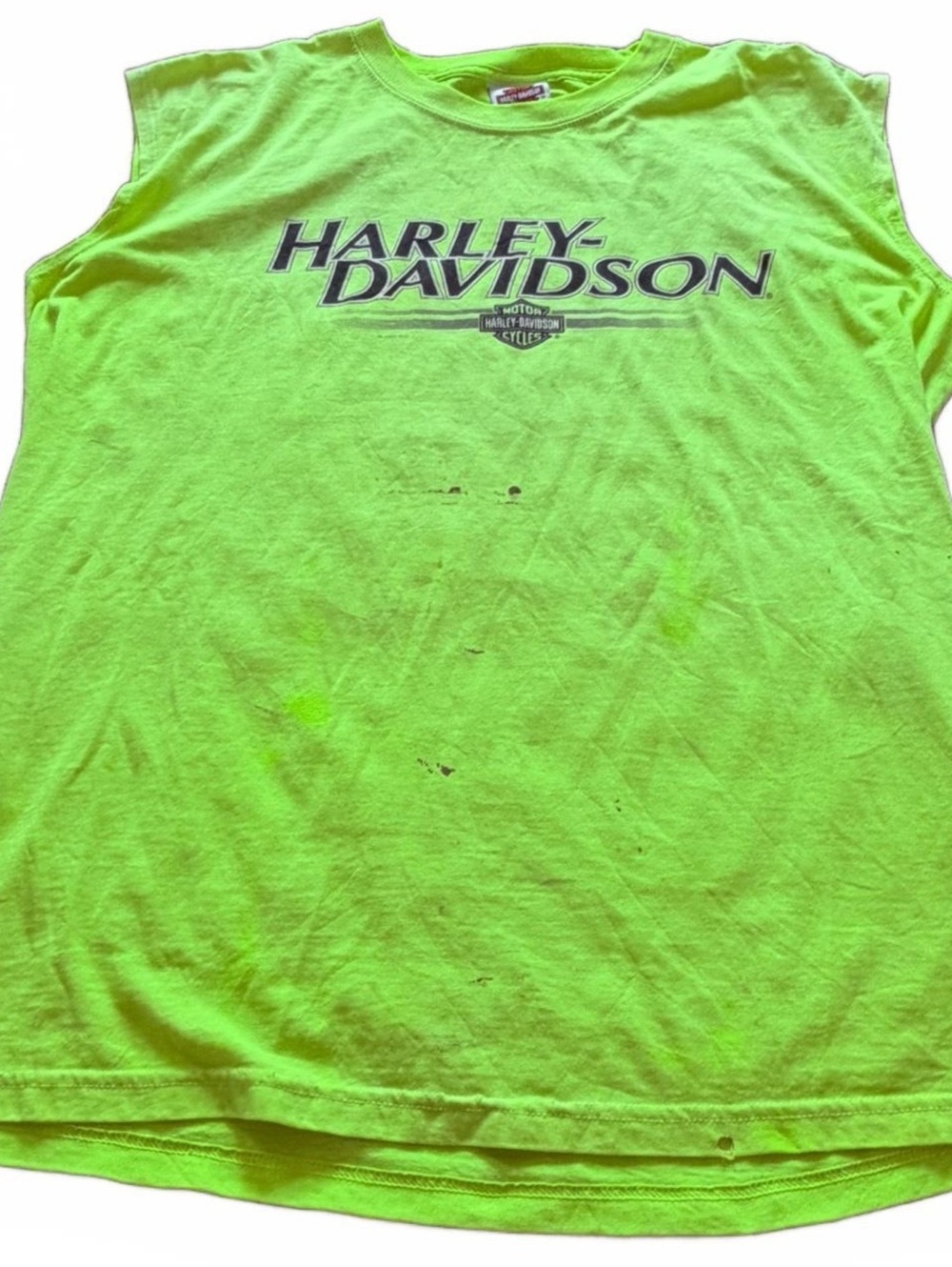 Harley-Davidson Sauk Prairie Neon Green Cutoff Biker Tee Size XL